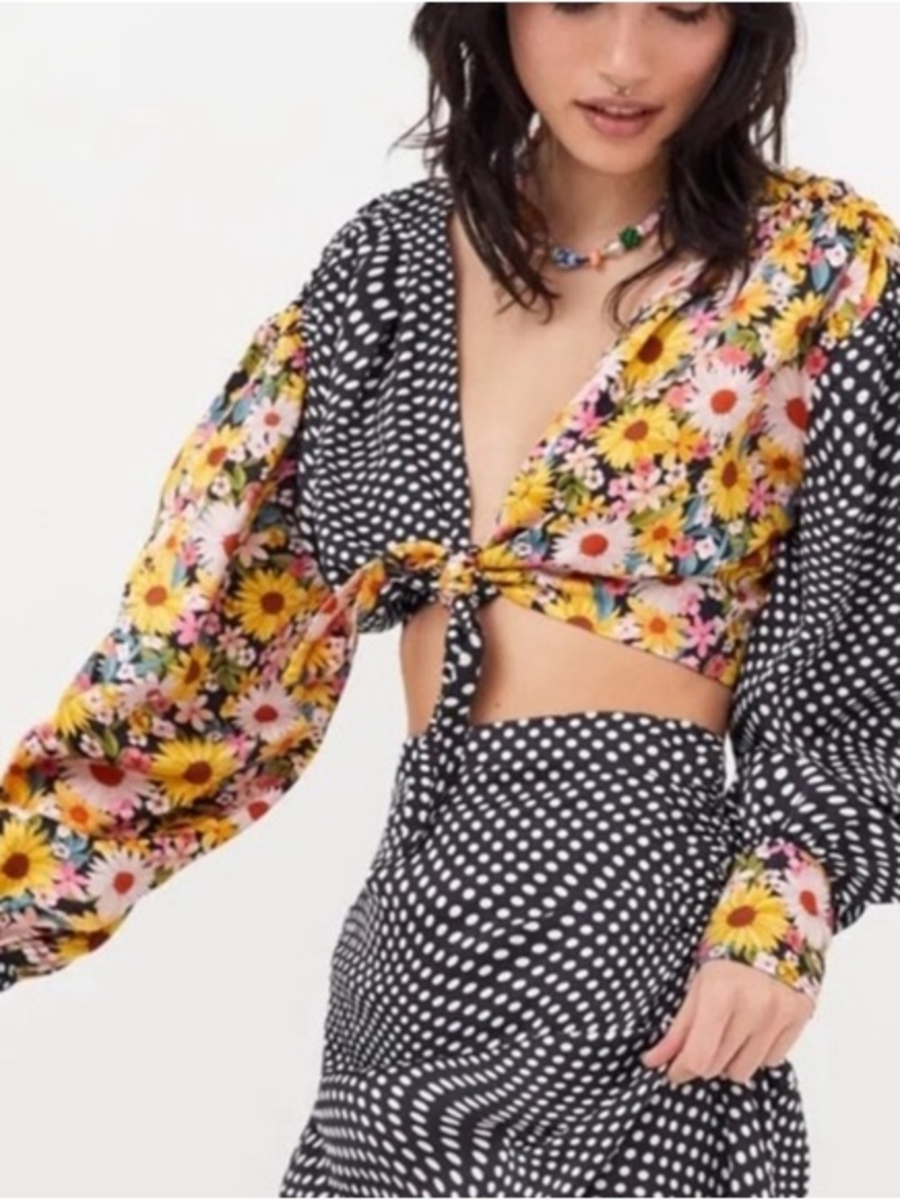 Floral & Polka Dot Tie-Front Crop Top - Black/Yellow For Love and Lemons